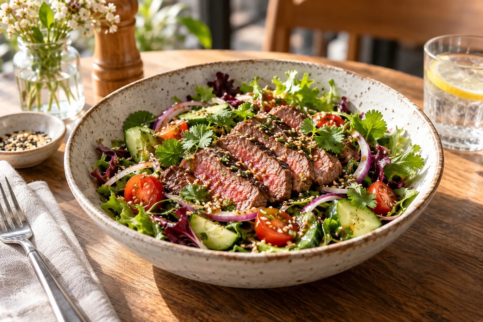 Seared beef salad bowl with fresh greens