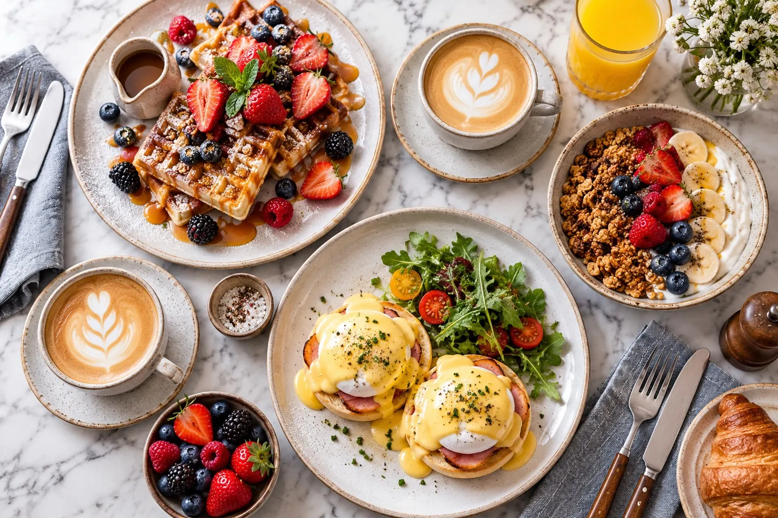 The Null Island breakfast spread — waffles, eggs benedict and granola on the table