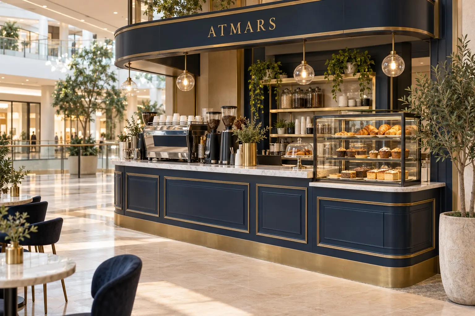 Wide view of the navy and gold Atmars kiosk interior