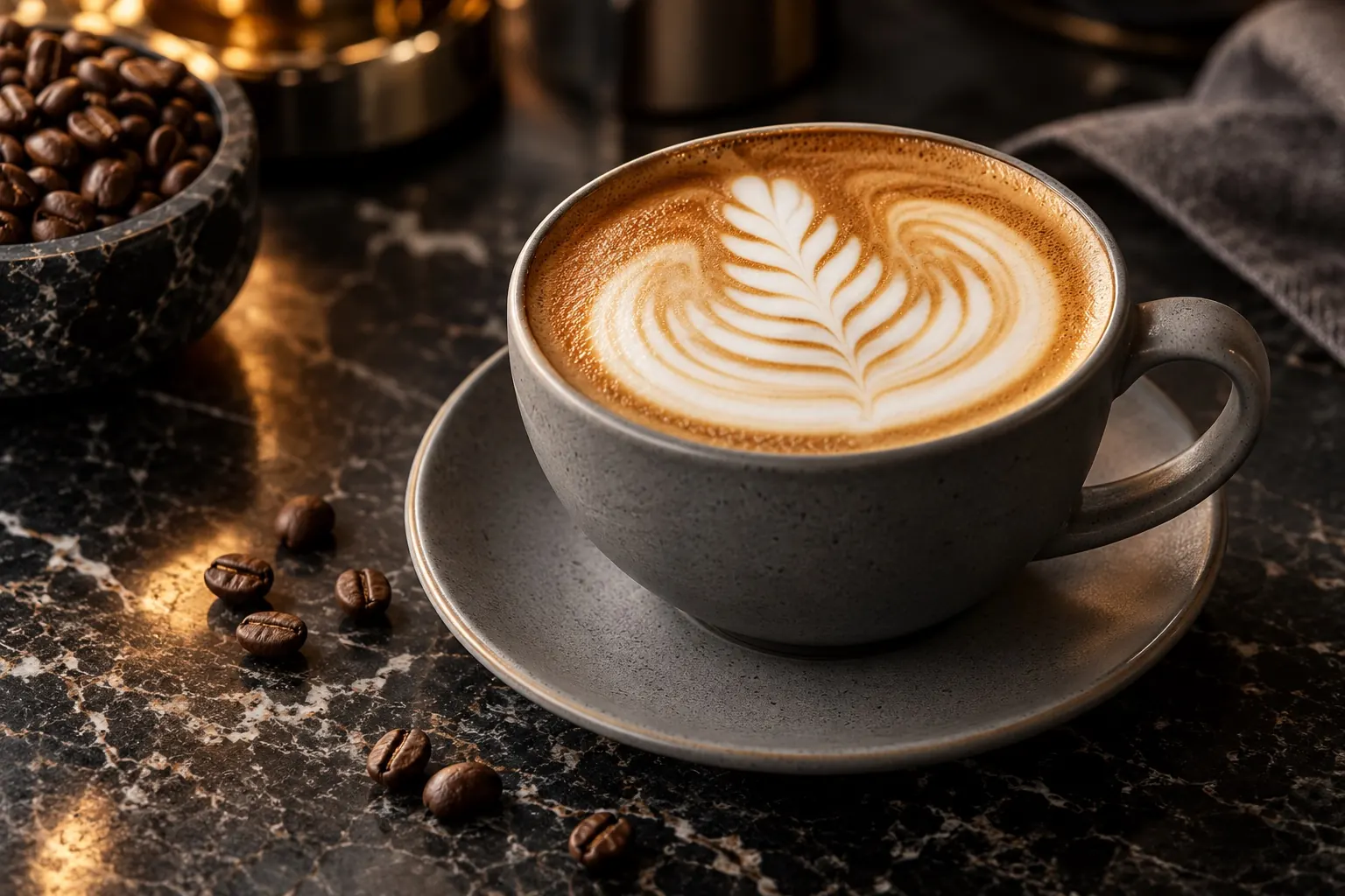 Rosetta latte art in a grey ceramic cup on dark marble