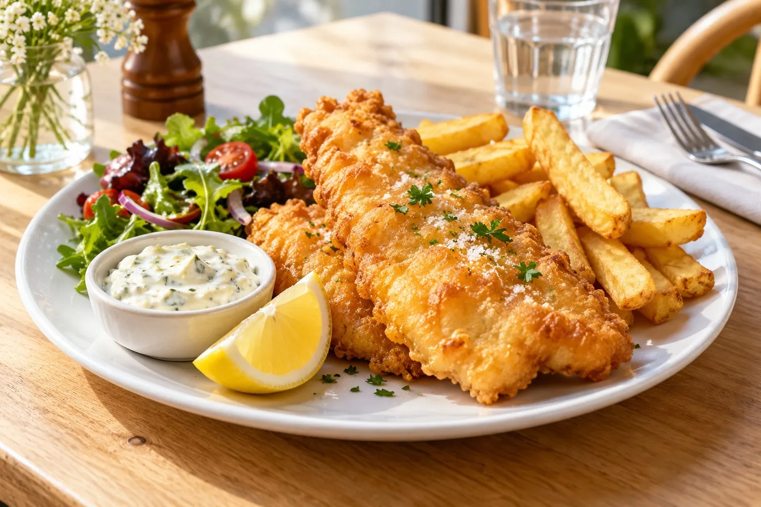Fish and chips with lemon, tartare and a side salad