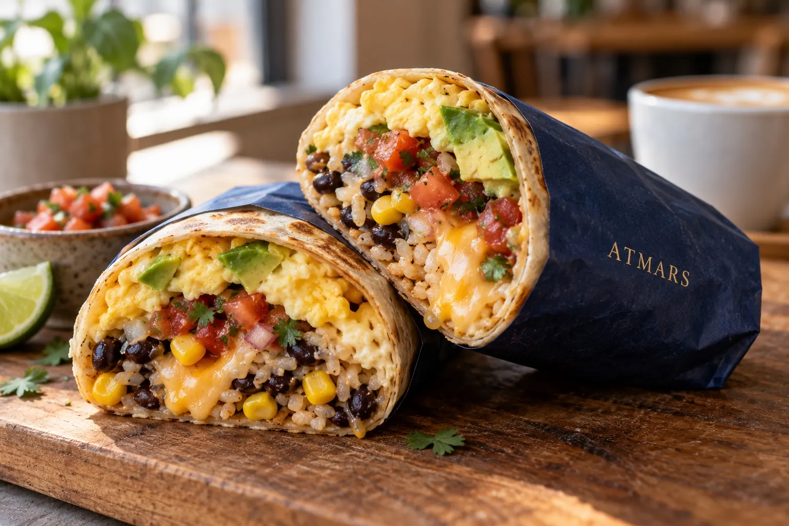 Equator Burrito half-wrapped in Atmars navy paper
