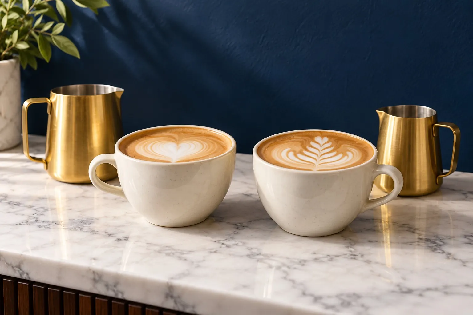 Two lattes poured with gold pitchers