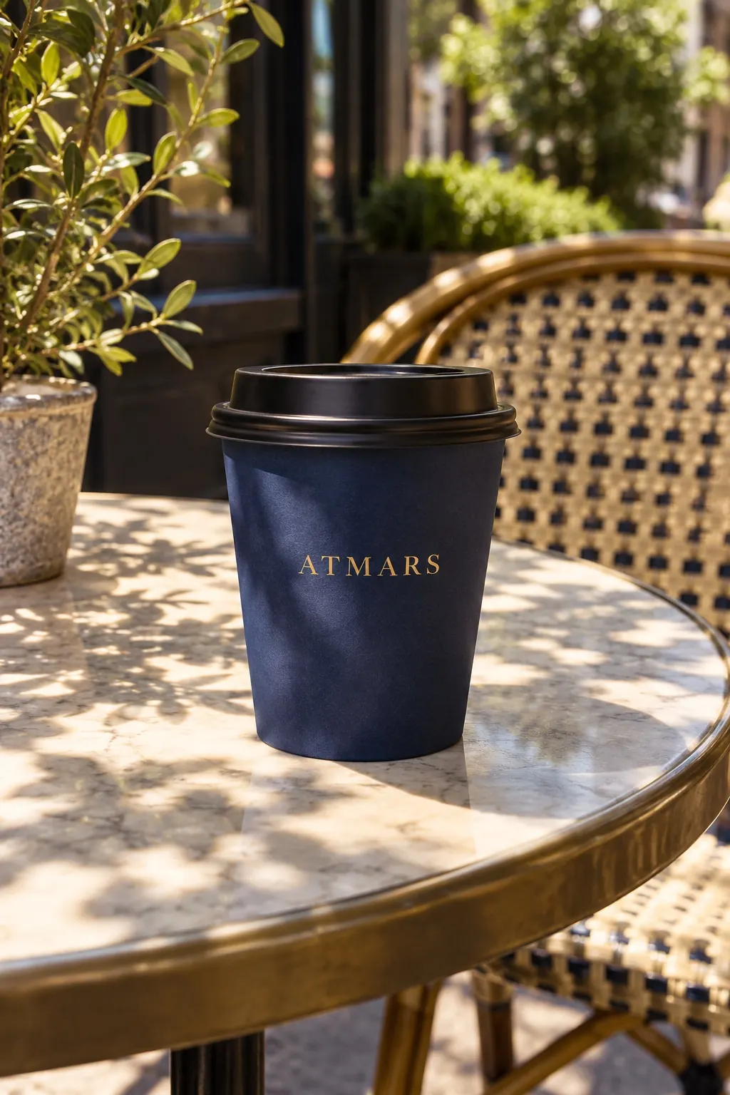 Atmars navy takeaway cup outdoors